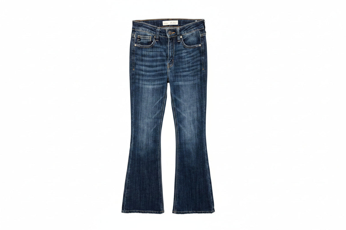 A pair of medium-wash blue denim jeans with a flared bootcut silhouette. 