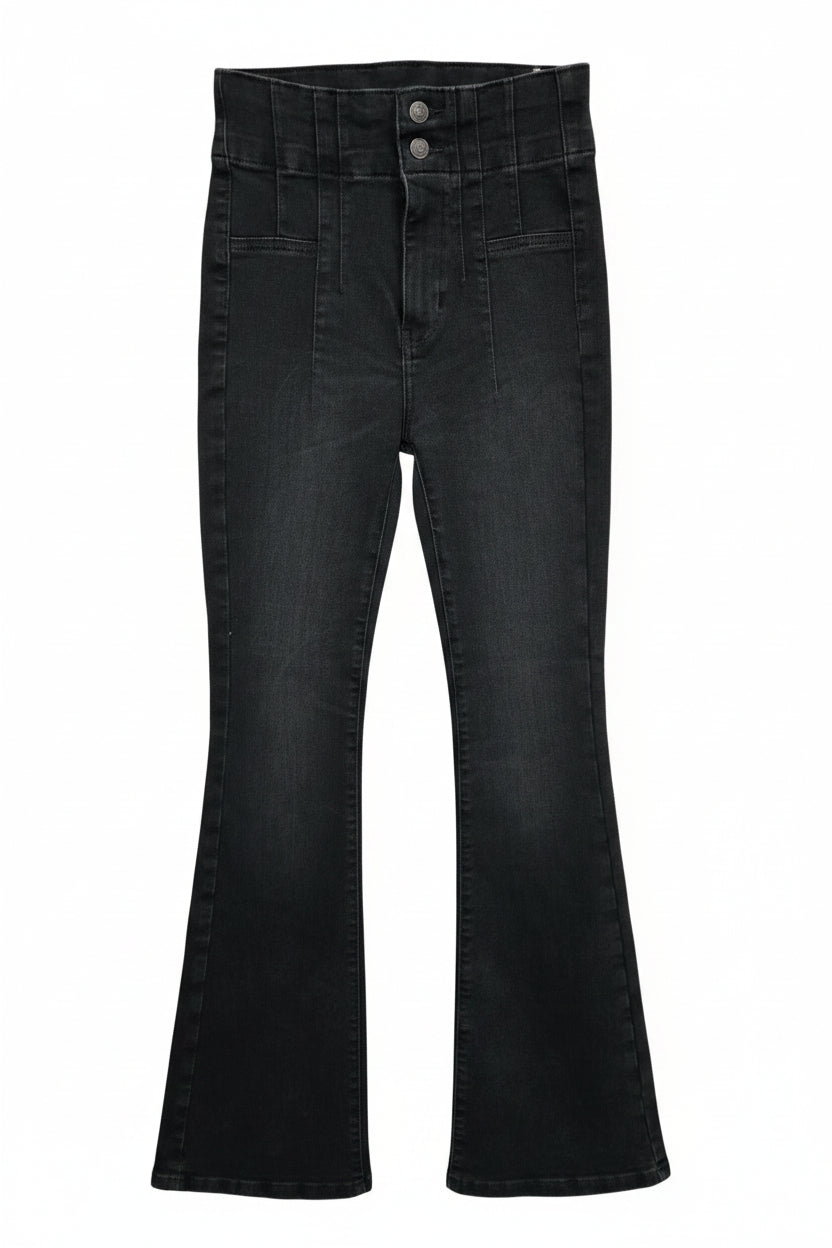 Black denim flare jeans. WE THE FREE