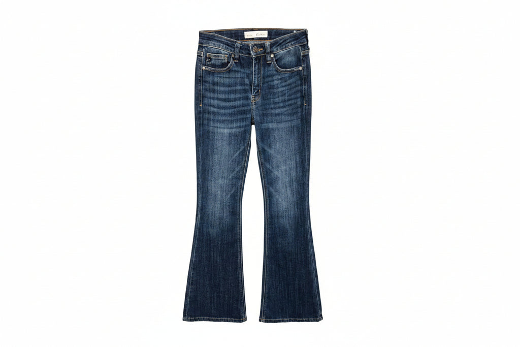 A pair of medium-wash blue denim jeans with a flared bootcut silhouette. 