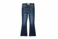 A pair of medium-wash blue denim jeans with a flared bootcut silhouette. 