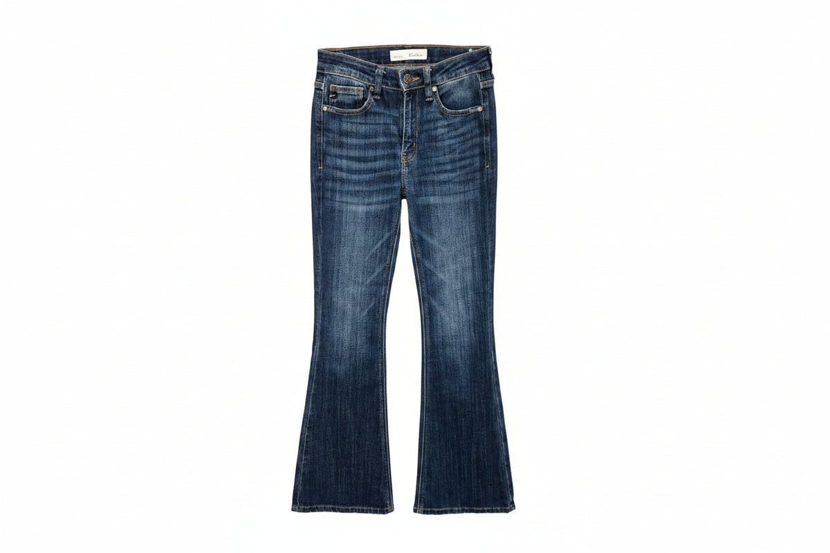 A pair of medium-wash blue denim jeans with a flared bootcut silhouette. 