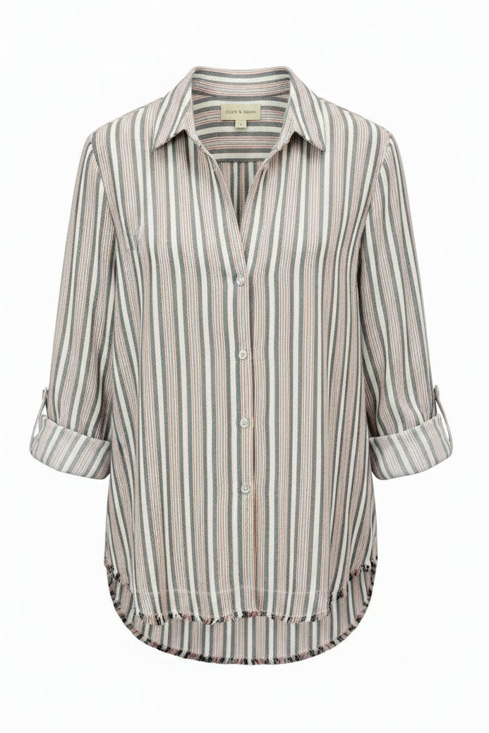 A long-sleeve button-up shirt with vertical stripes in pink, green, and white. Striped button-up shirt with rolled sleeves and a frayed hem.