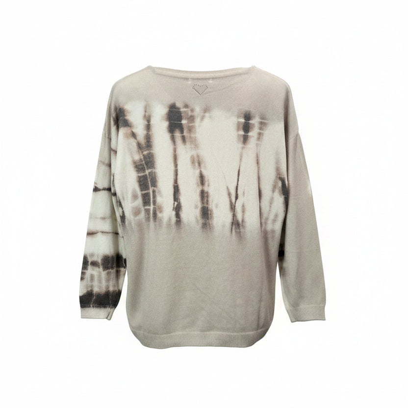 A long-sleeve tie-dye top in beige and brown tones.