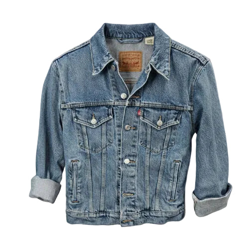 A light blue denim jacket displayed on a white hanger stand against a beige fabric backdrop. The jacket has a classic collar, button front, chest flap pockets, and rolled-up sleeves.