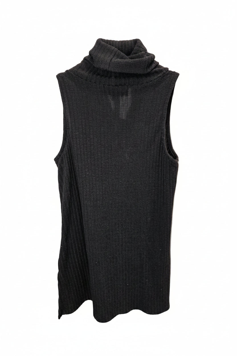 A sleeveless ribbed knit mock neck top in black.