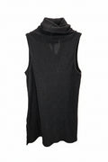 A sleeveless ribbed knit mock neck top in black.