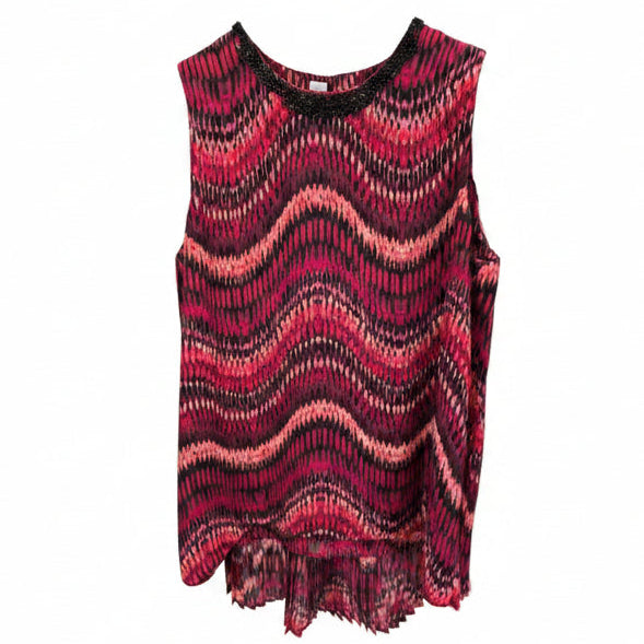 A sleeveless knit top with a wavy, textured pattern in red, pink, and black.