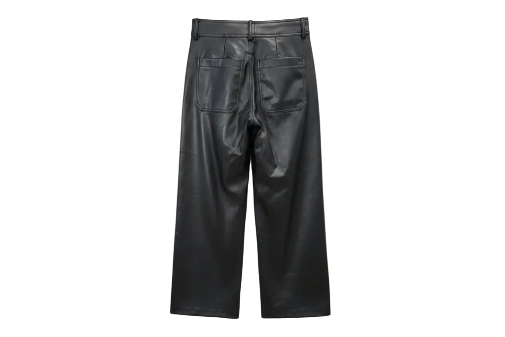 Black faux leather cropped pants with a wide leg and back pockets. 