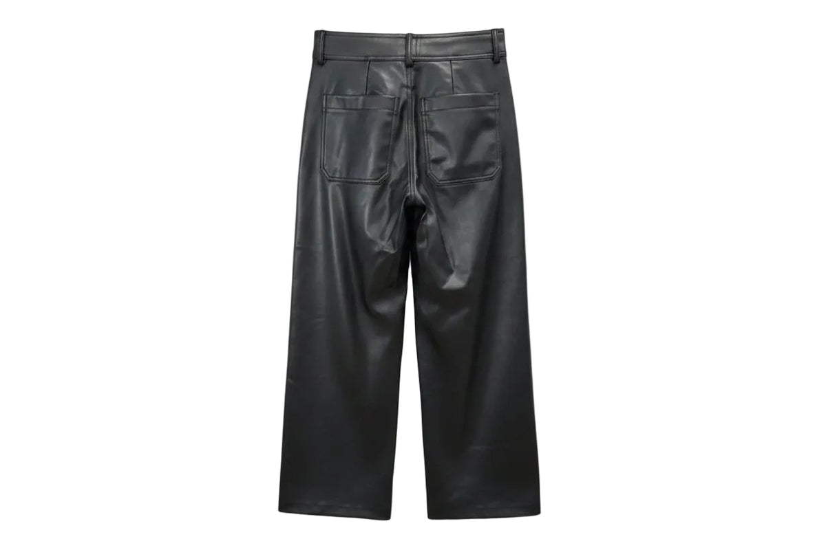 Black faux leather cropped pants with a wide leg and back pockets. 
