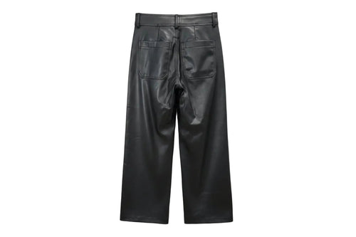 Black faux leather cropped pants with a wide leg and back pockets. 