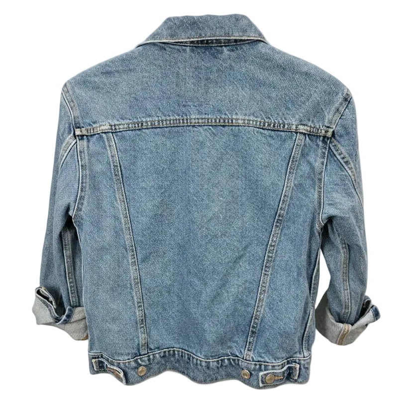 A light blue denim jacket shown from the back. 