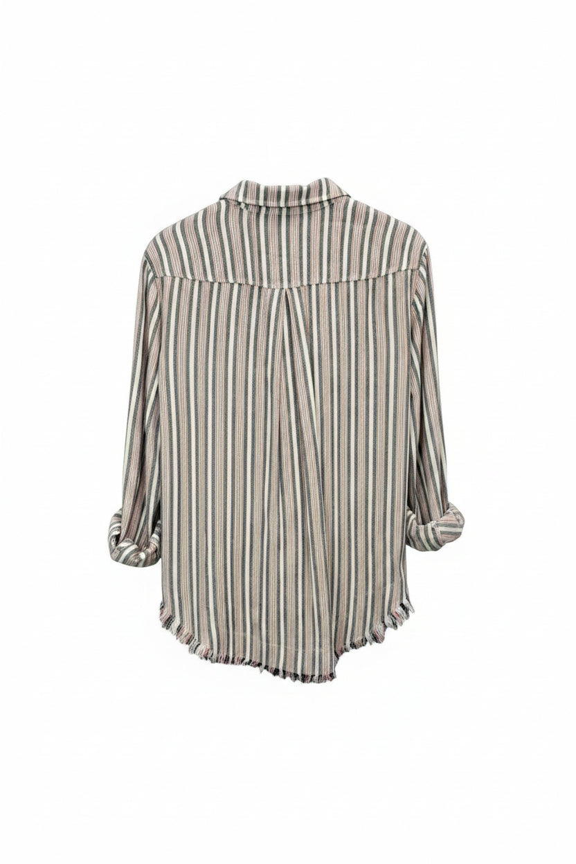 A striped long-sleeve blouse. The shirt features vertical stripes in pink, green, and white, with a raw, frayed hem and rolled sleeves.