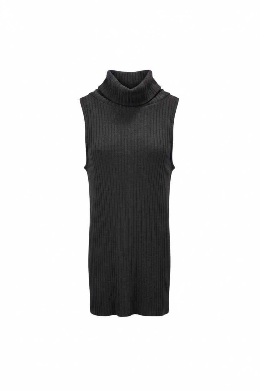 A black ribbed knit sleeveless turtleneck top.