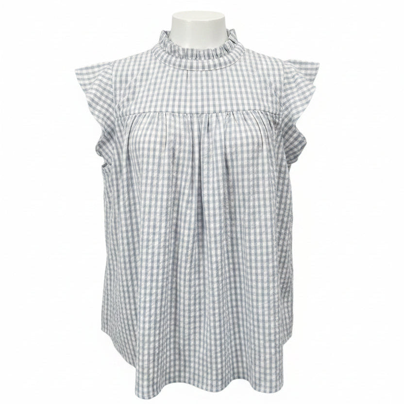 A sleeveless high-neck blouse with a blue and white gingham pattern.