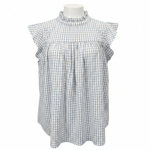 A sleeveless high-neck blouse with a blue and white gingham pattern.