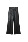 Black faux leather wide-leg cropped pants with front patch pockets.