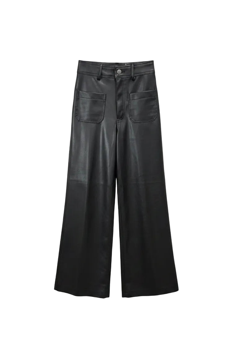 Black faux leather wide-leg cropped pants with front patch pockets.