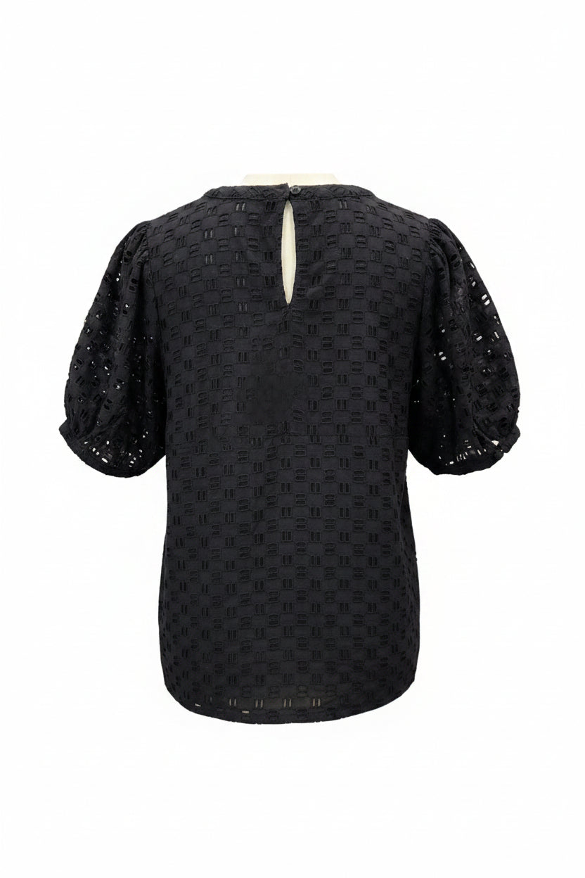 Black short-sleeve blouse with puff sleeves and a subtle checkerboard pattern.