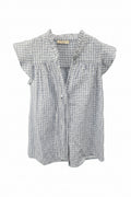 A light blue and white gingham short-sleeve blouse.