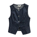 A sleeveless navy blue vest with a small white geometric pattern.