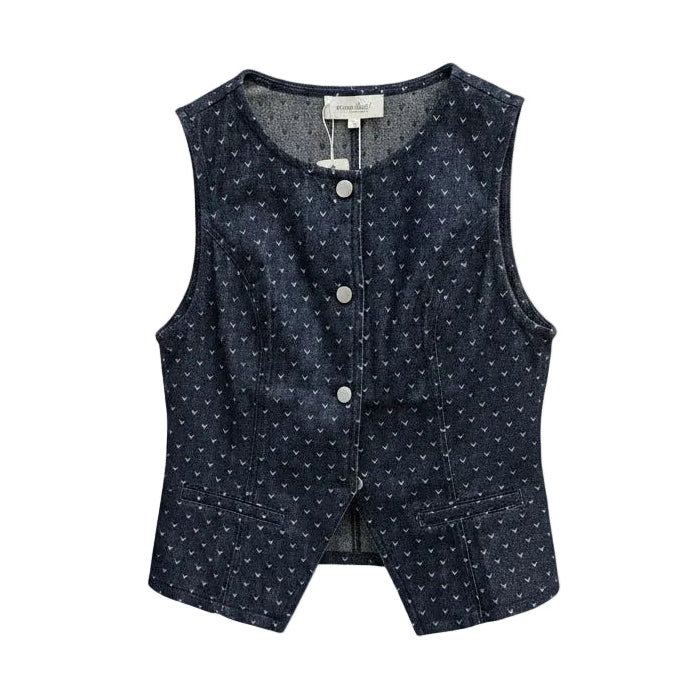 A sleeveless navy blue vest with a small white geometric pattern.