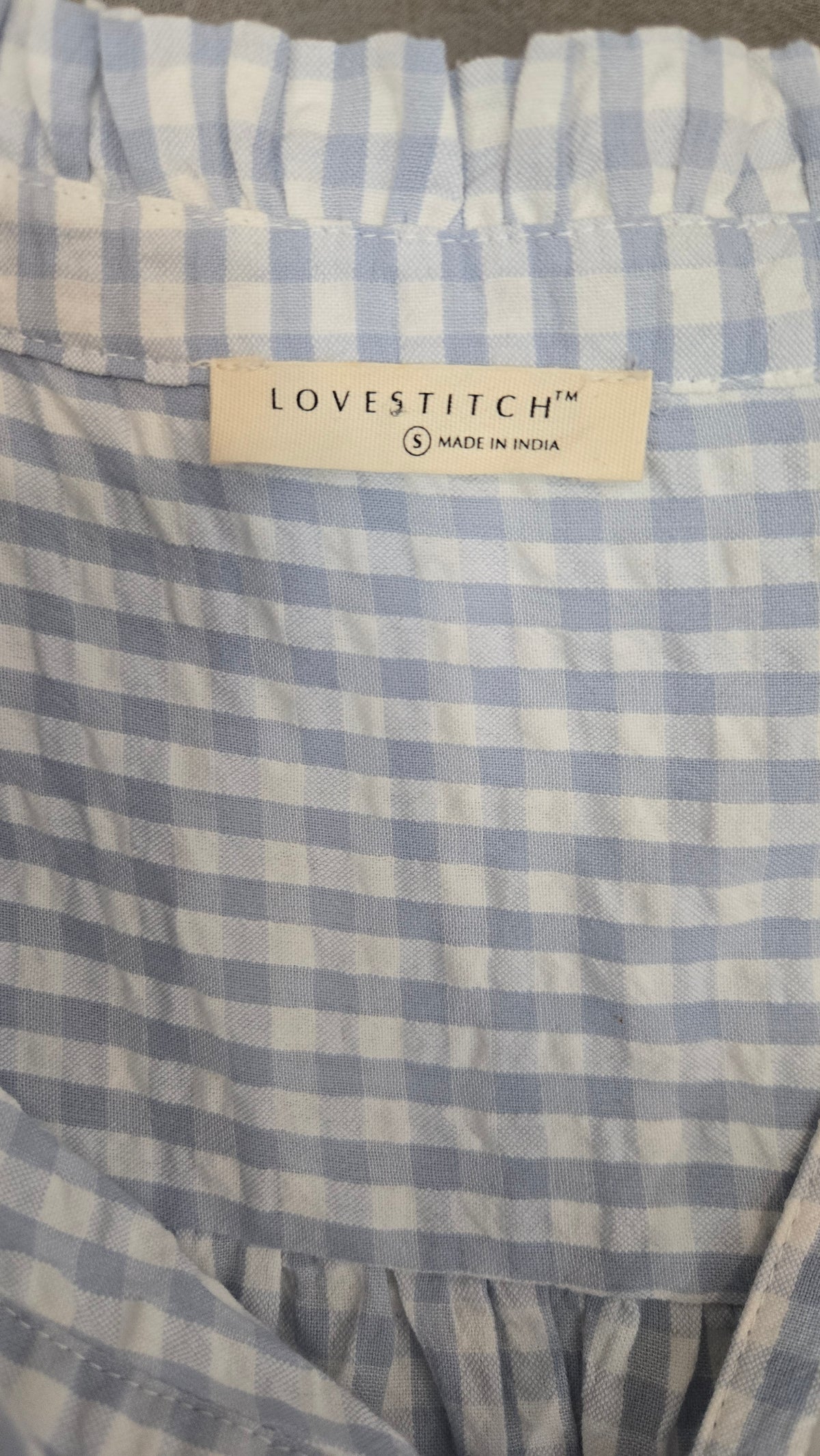Blue Short Sleeve Gingham Blouse.