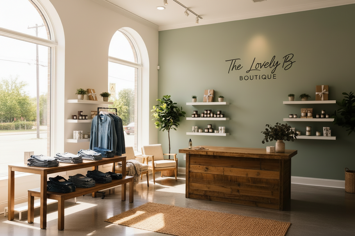 A boutique interior with a wooden counter, clothing racks,  denim, shelves, potted plants, and a sage green wall with a  big black sign reading 'The Lovely B Boutique'.